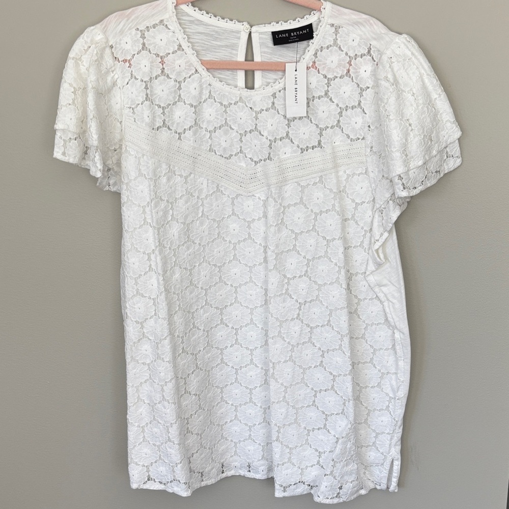 Lane Bryant White Floral Lace Flutter Sleeve Top
